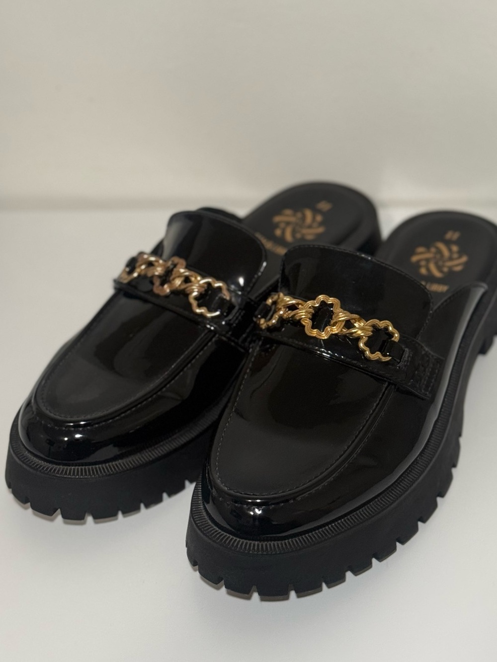 New ! Black Patent Chunky Loafer Mules with Gold Chain Accent Size 11 Woman